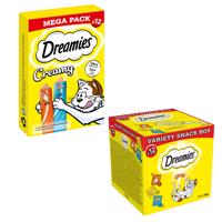Dreamies Creamy Snacks + Dreamies Mixbox - 15 % sleva - Creamy Snacks kuřecí s lososem (12 x 10 g) +  Mixbox (s kuřecím, sýrem a lososem) 12 x 60 g